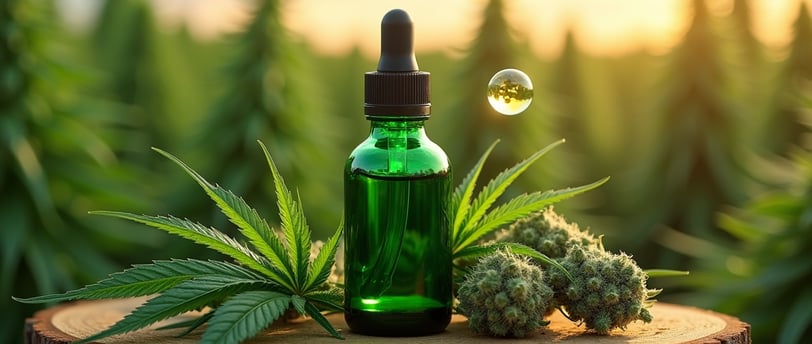 Emerald bottle of hemp seed oil with glowing jade drople amid dewy leaves and buds on cedar wood. Dawn light over hemp fields