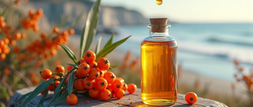 sea buckthorn oil bottle with amber droplet on driftwood, surrounded by orange berries and leaves at sunrise