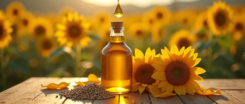 Amber bottle of sunflower seed oil with golden droplet, surrounded by yellow petals and seeds on a rustic farmhouse table