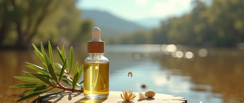 Clear glass bottle of tea tree oil with a glistening droplet, surrounded by fresh leaves and flowers on eucalyptus wood