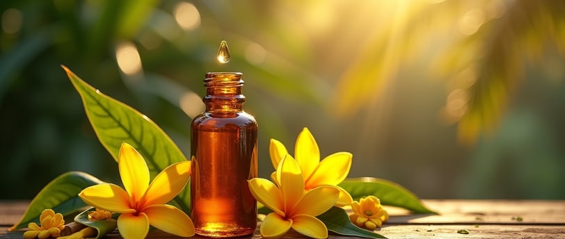 Amber bottle of Ylang Ylang essential oil with golden droplet, surrounded by tropical yellow flowers on weathered wood