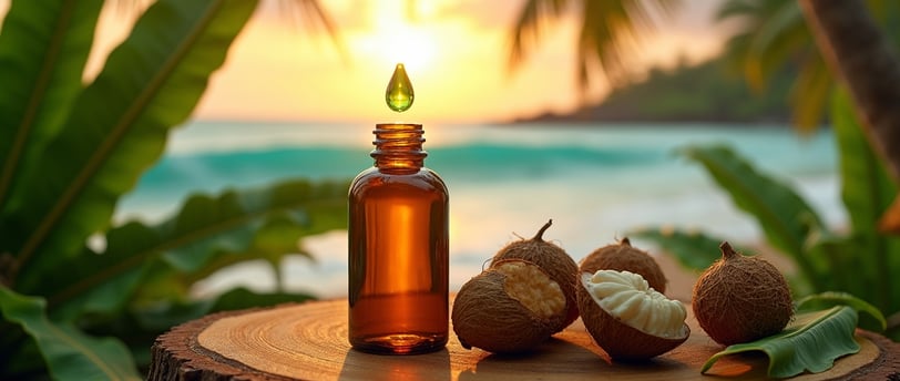 Clean bottle of Tamanu oil with droplet, amid cracked nut and leaf on koa wood. SUnset over tropical shoreline