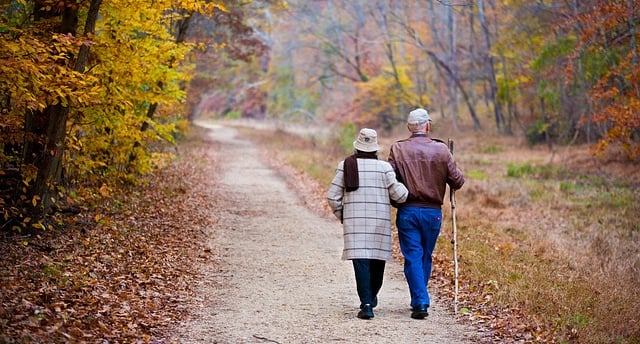 Elderly couple taking a walk in a park during the fall season.