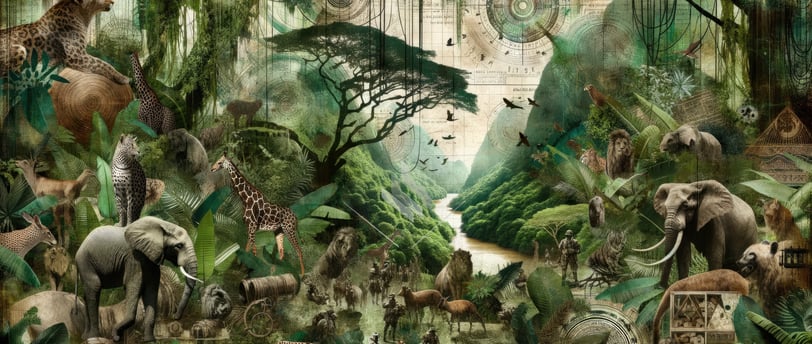 A rich collage blending wildlife, dense jungles, and historical elements with a dreamy, green-toned 