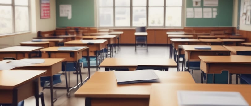 a classroom with desks and windows and desks