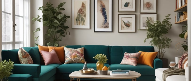 The image depicts a cozy and stylish interior of a tiny home or a mobile home featuring a mix of modern and rustic decor. The walls and ceiling are made of light wood, and the floor has a warm wooden finish. There is a wicker chair with a blue cushion, a wicker basket with a green plant, a small table, and various woven decorations hanging on the walls. The small kitchen area includes white cabinetry, a stove, a refrigerator, a sink, and a wooden countertop. Several plants are placed throughout the space. Towards the back, a bed and more decorations can be seen, with a dog lounging on the bed.