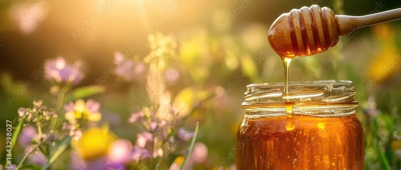 Golden organic honey drips into jar with wildflowers under sunset, pure natural Iranian honey scene.