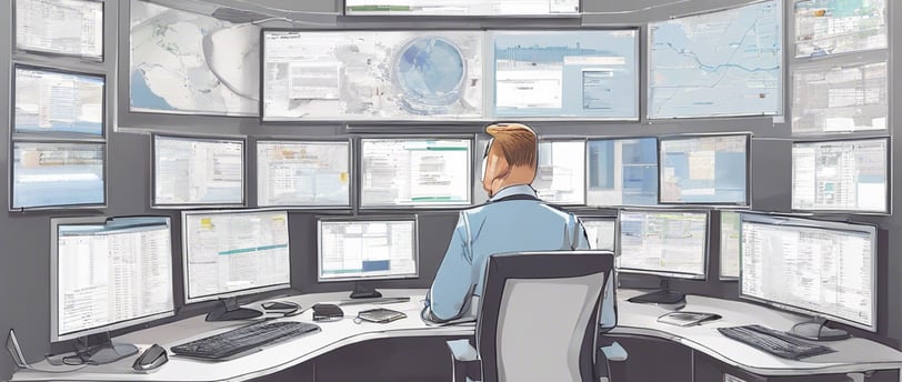 a man sitting at a desk with multiple monitors and monitoring projects