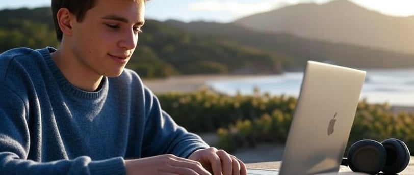 Young digital nomad working remotely in a scenic travel spot.