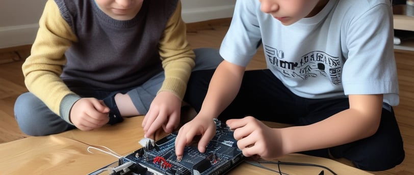 An electronic circuit featuring a microcontroller mounted on a perforated board with various wires in multiple colors connecting to different components. The setup includes resistors, capacitors, and other small electronic parts.