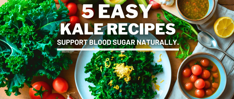 Fresh kale, vegetables, and a plated dish on a rustic table highlighting healthy cooking ingredients