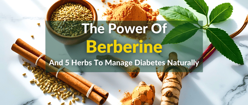 Top herbs like bitter melon, cinnamon, turmeric, and fenugreek displayed on a white surface.