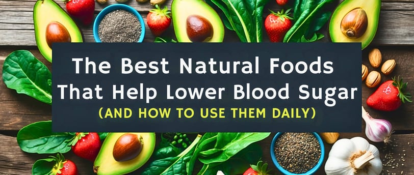 Colorful natural foods like strawberries, avocado, and greens arranged on a wooden table
