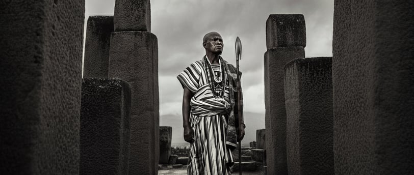 an african stoic in a striped robe standing in front of a stonehench