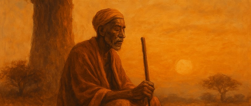 An elderly African man sits beneath a massive baobab tree at sunset, dressed in traditional attire. 