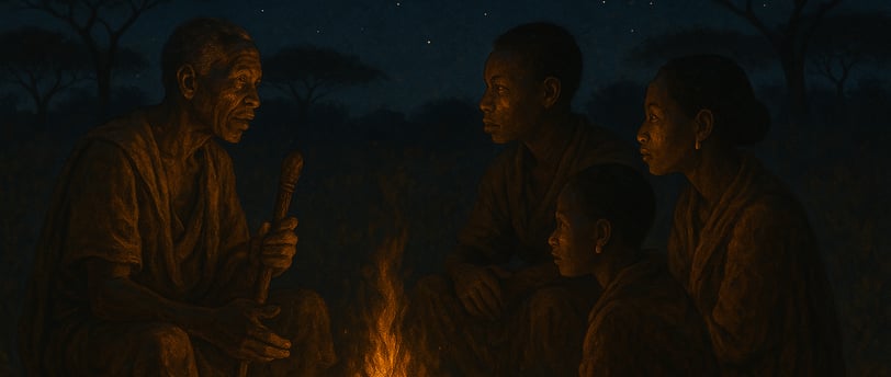 a group of people sitting around a campfire