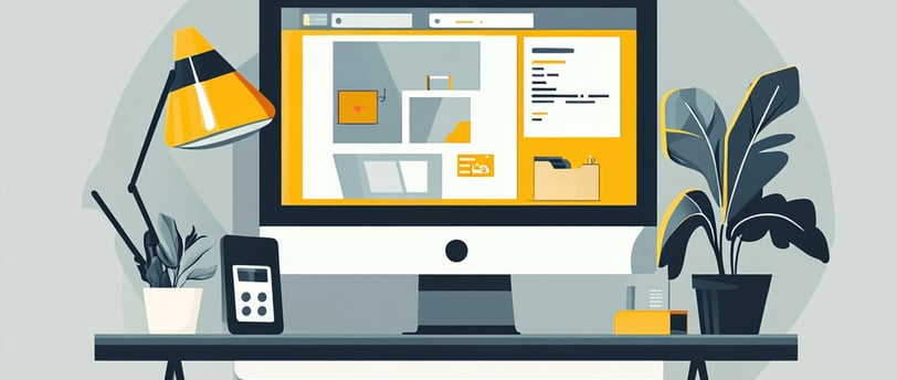 a computer monitor screen with a desktop computer and a lamp