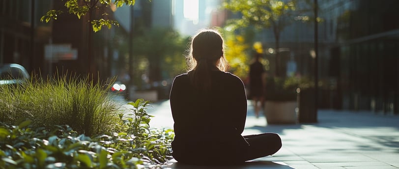a woman sitting on a bench in a city