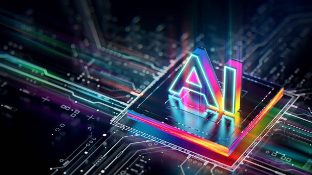 a computer processor with a colorful neon sign