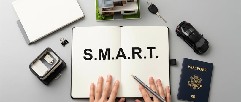 Planejamento de metas financeiras com o método SMART, mostrando um caderno com a sigla, cercado por 