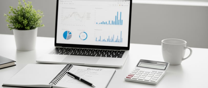 Mesa branca mostrando um caderno com caneta, calculadora, uma xicara e um computador com graficos