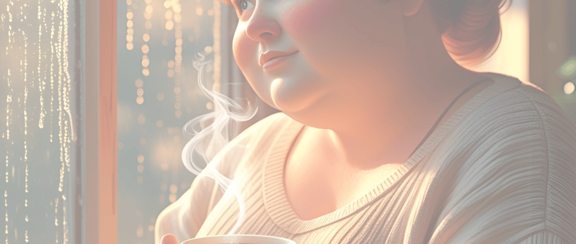 A chubby woman looking thoughtful but determined, maybe looking out a window with a mug