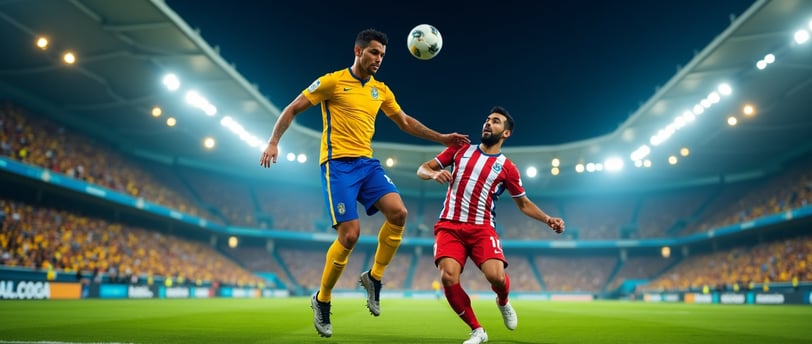 two soccer players are playing soccer in a stadium