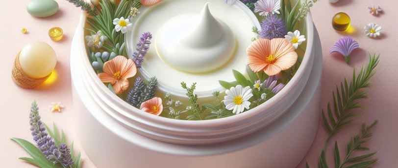 a jar of cream with flowers and herbs