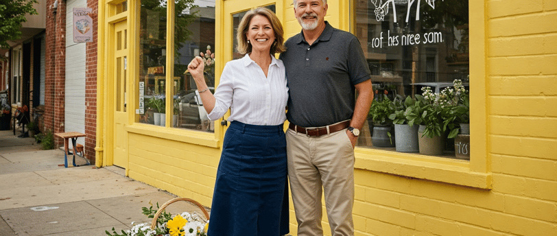 a man and woman standing outside a yellow building