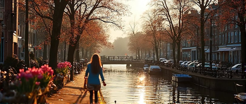 a woman walking down a canal in the city similar to Amsterdam