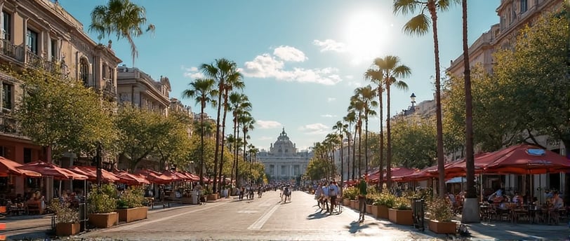 a street scene with palm trees and people walking down the Barcelona city centre