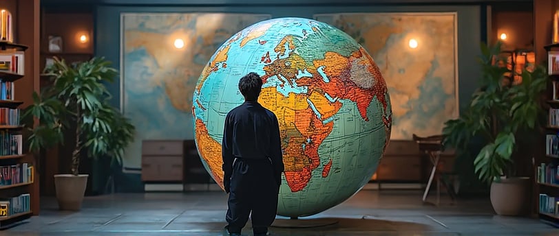 a man standing in front of a large globe globe somewhere in a library