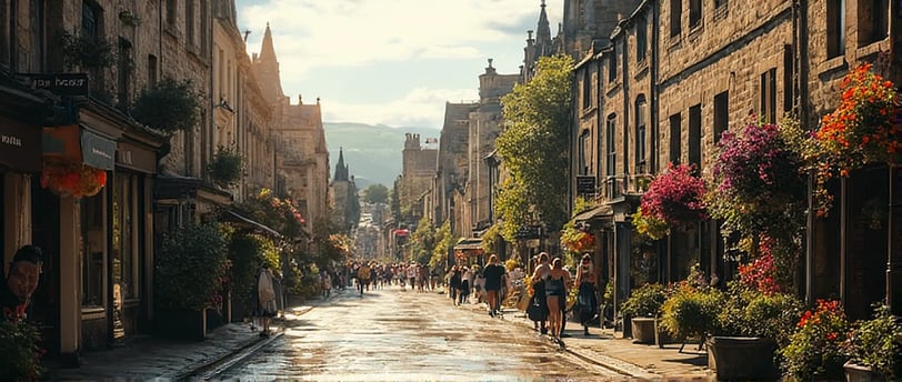 a city street with a lot of people walking down the town in Scotland