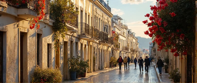 a group of people walking down a street of Lisbon suburb