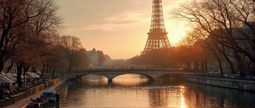 a bridge over a Seine river in Paris with an Eiffel Tower in the background