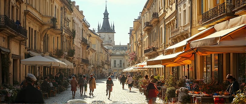 a city street scene in Central Europe with people walking down a street