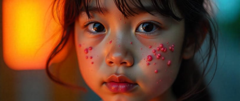 Little girl with red pimple-like skin rash on her cheek, showing early signs of a skin disease.