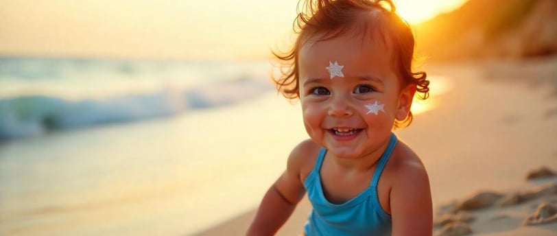 A kid is suffering from vitiligo, sitting on a beach, sun is setting.
