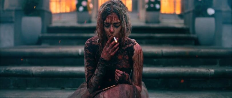 Grace from Ready or Not escaping her in-laws in a blood-soaked wedding dress