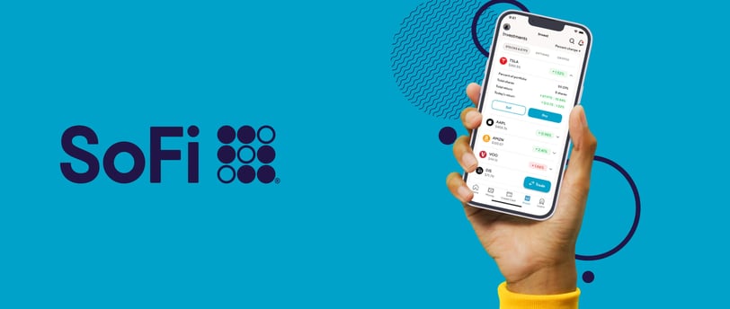 SoFi Technologies blue logo with man holding a cellphone