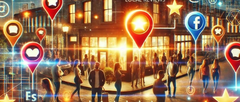 Negocio local con clientes satisfechos y elementos digitales que representan Google My Business.