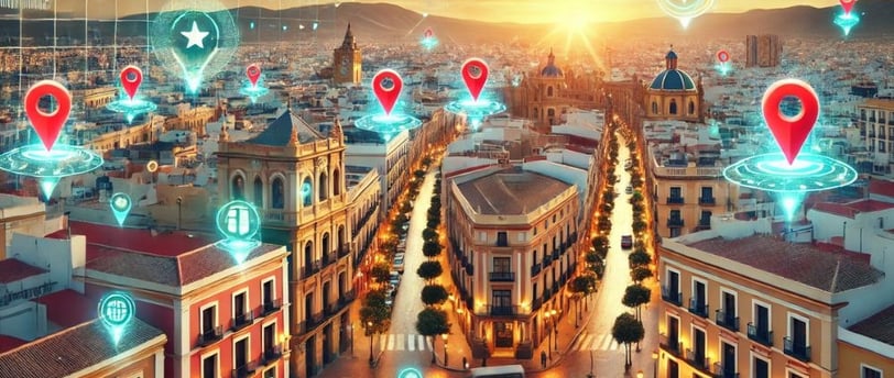 Vista del Paseo Marítimo de Almería con iconos digitales que representan Google My Business.