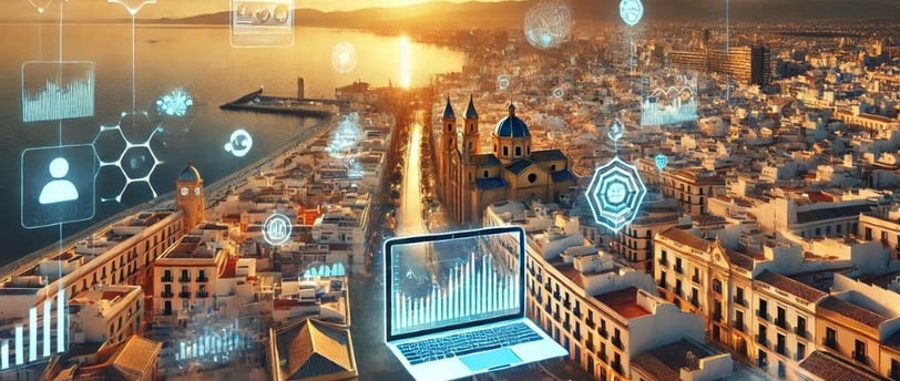 Panorámica de Almería con elementos digitales representando estrategias de marketing local.
