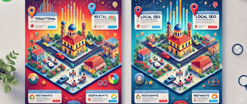 Gráfico comparativo entre SEO tradicional y SEO local con ejemplos de búsquedas en Almería.
