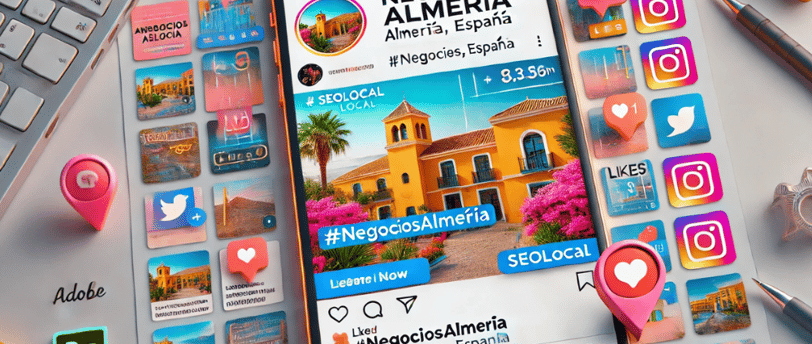 Publicación en redes sociales con hashtags y ubicación que refuerzan el SEO local.