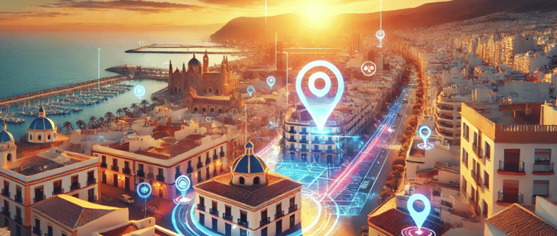 Vista panorámica de Almería con iconos digitales que representan estrategias de SEO local.