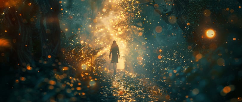 Woman walking into a forest of glowing light