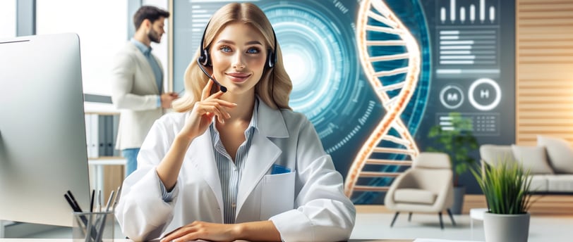 a woman in a lab coat is sitting at a desk with a laptop and a