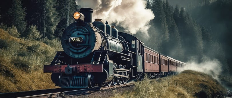 a train is coming down the tracks in the mountains