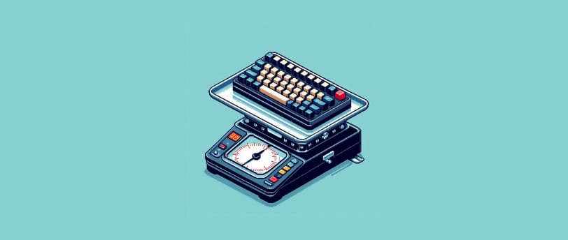 2D Pixel art of a mechanical keyboard being weighed on a scale.